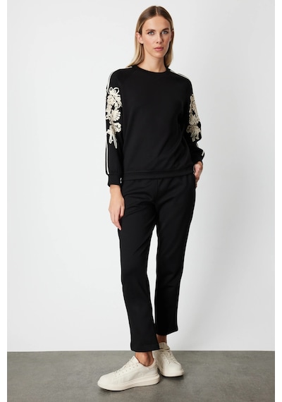 On Fashion Kadın Kolları Desenli Sıfır Yaka Siyah Sweatshirt 66323 Siyah