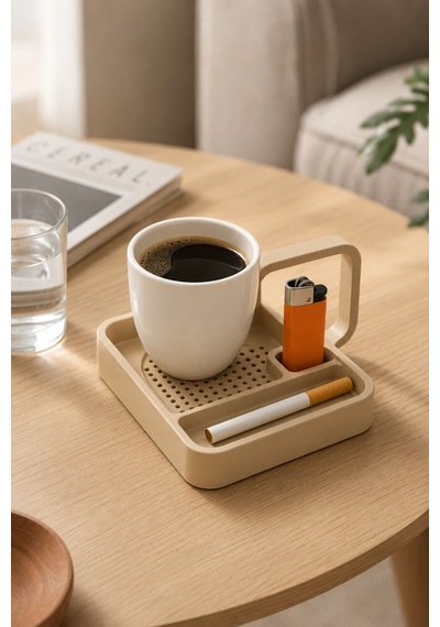 Kahve Sunum Tepsisi Çok Bölmeli Masa Üstü Organizer Kupa Fincan Standı Pla 12.5x11x7 Cm Krem Bej