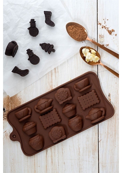 Çay Saati Desenli Silikon Çikolata, Kek , Muffin, Dondurma Kalıbı 12'li Goldcakes