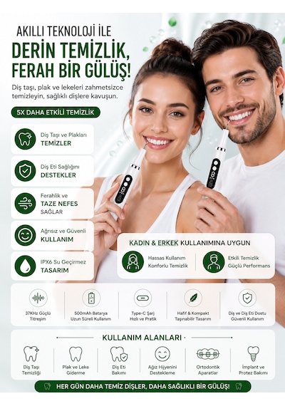 Diş Eti Sensörlü 500mah Şarjlı 5 Modlu Ultrasonik Akıllı Diş Taşı Plak Temizleme Cihazı