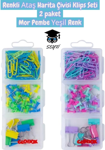 Renkli Ataş Harita Çivisi Klips Seti 2 Paket Mor Pembe Yeşil Renk