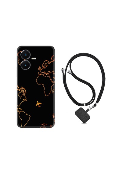 Vivo Y22S Kılıf İpli Boyun Askılı Desenli Silikon Harita ve Uçak 1777