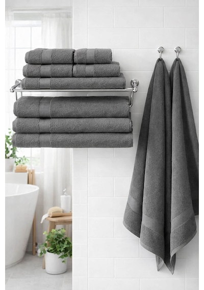 8 Parça %100 Pamuklu Aile Havlu Seti - 4 Adet 70x140 Cm & 4 Adet 50x90 Cm Deeper Antrasit-Antrasit