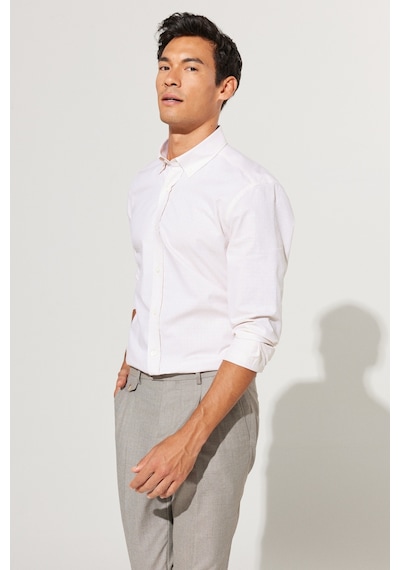 AC&Co / Altınyıldız Classics Erkek Bej Slim Fit Dar Kewsim Düğmeli Yaka %100 Pamuk Armürlü Gömlek Bej