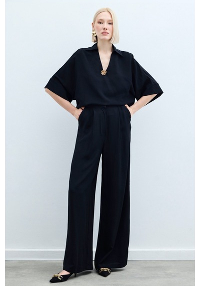Sateen Keten Karışımlı Pantolon - Siyah-136274 Siyah