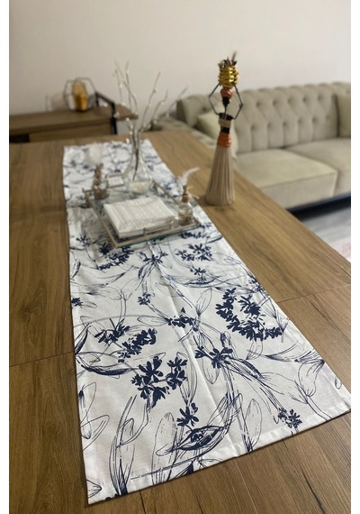 40x150 Lacivert Çiçekli İnce Keten Dekoratif Runner