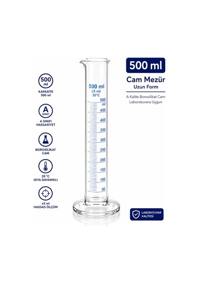 Cam Mezür 500 Ml Uzun Form A Kalite Borosilikat Laboratuvara Uygun 1 Adet