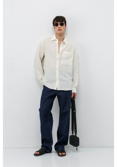 Vamos Modal Kumaş Çizgili Oversize Gömlek Beyaz