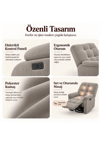 Smarto Relax Porto Masajlı Elektrikli Döner Sallanan Tv Koltuğu Kontrol Panelli Ergonomik Polyester Baba Koltuğu Ekru Smarto Relax Porto Masajlı Elektrikli Döner Sallanan Tv Koltuğu Kontrol Panelli Ergonomik Polyester Baba Koltuğu Ekru
