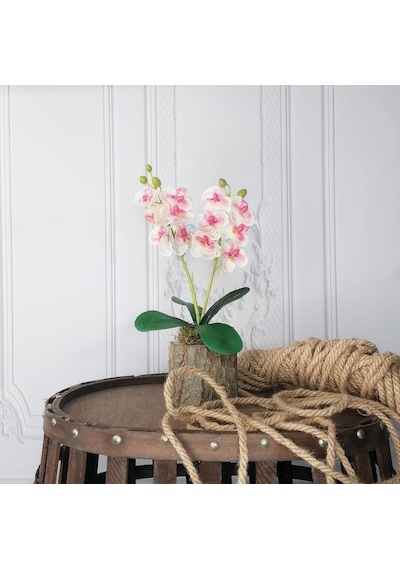 Yapay Çiçek Ahşap Kütük Saksılı Açık Pembe Mini Yapay Orkide Dekoratif Hediye