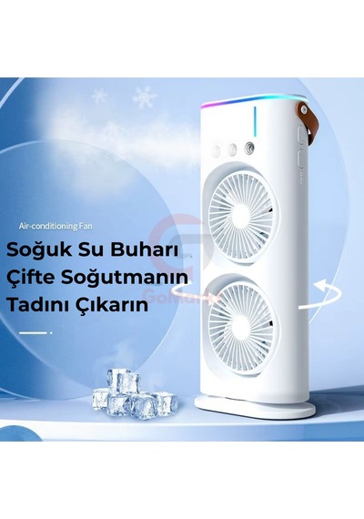 Şarjlı Kumandalı Çift Fanlı Işıklı Su Püskürtmeli Buzlu Nemlendiricili Döner Serinletici Vantilatör