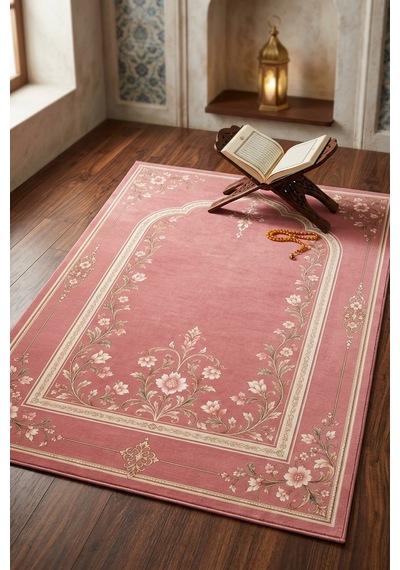Pembe Klasik Desenli Dijital Baskı Seccade Geleneksel Motifli Namaz Seccadesi