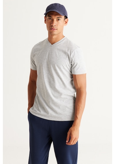 Ac&Co / Altınyıldız Classics Slim Fit Dar Kesim V Yaka Pamuklu Erkek Tişört Gri Melanj