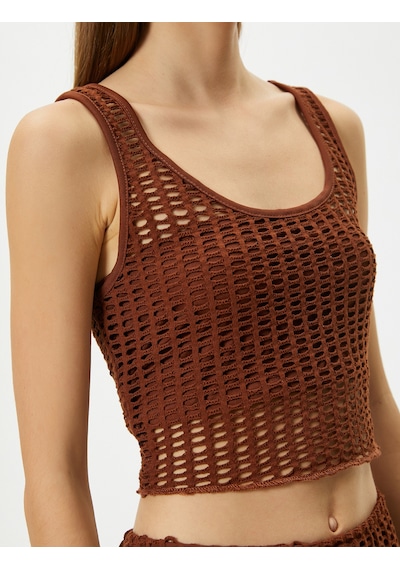 Koton Fileli Crop Büstiyer Kalın Askılı U Yaka Slim Fit Kahverengi 4sal30063ık Kahve