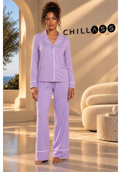 Chıllass Kadın Pamuklu Uzun Kollu Pijama Takımı Önden Düğmeli Lila Lila