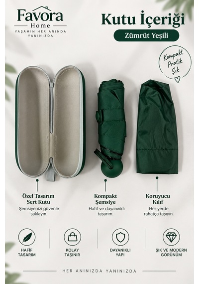 Favora Rainbox Kapsül Şemsiye - Kutulu Mini Katlanır Çanta Boy Şemsiye Zümrüt Yeşili