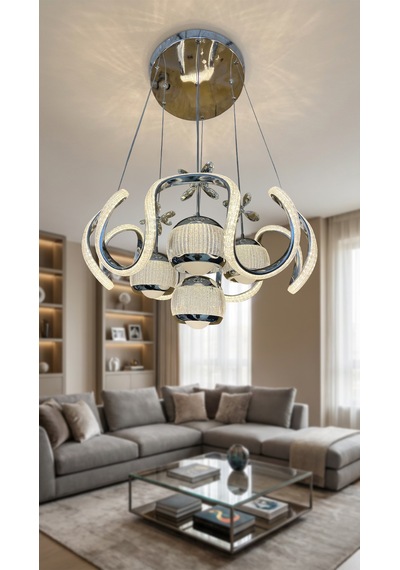 Arya Xl Yakamoz 4 Top Simli Slikon Modern Sarkıt Salon Avizesi Krom