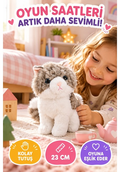 23 Cm Gri Peluş Kedi Oyuncak Yumuşak Sevimli Kedi Figürlü Çocuk Oyuncağı Doğum Günü Hediyesi Seti Çok Renkli