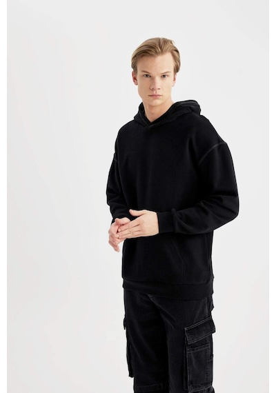 DeFacto Comfort Regular Fit Rahat Kalıp Kapüşonlu Kanguru Cepli Basic Düz Sweatshirt B4446AX24SPBK81
