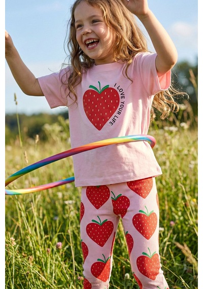 Zuzunga Strawberry Love Baskılı Kız Çocuk Tayt Takım Pembe Çilek Desenli