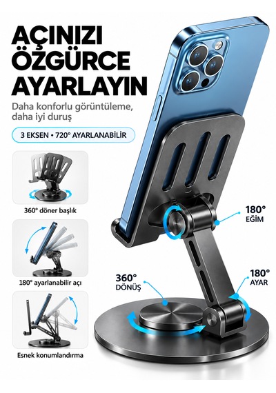 Alüminyum Metal 360 Ayarlanabilir Telefon Ve Tablet Standı Masaüstü Tutucu