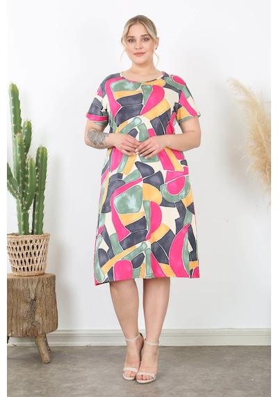 Mooi Xxl Kadın Pembe Gri Geometrik Desen Midi Elbise Pembe