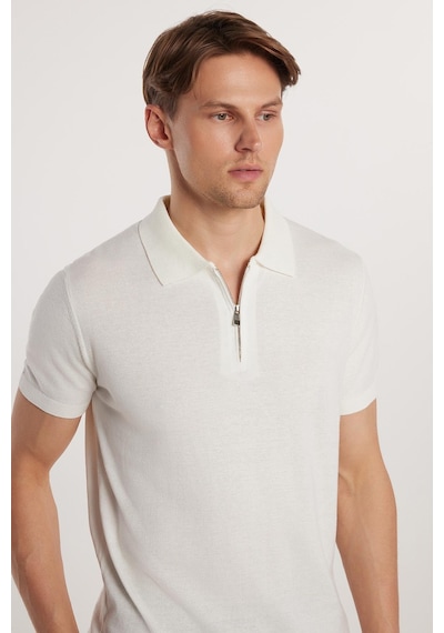 Tudors Erkek Slim Fit Dar Kesim Pamuklu Örme Triko Fermuarlı Beyaz Polo Yaka Tişört-33177 Beyaz