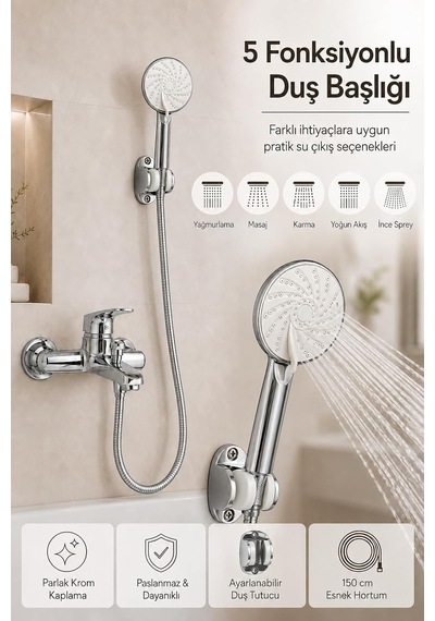 Krom Banyo Bataryası Duş Seti Mafsallı El Duşu Sıcak Soğuk Mix Musluk Ve Duş Başlığı Set