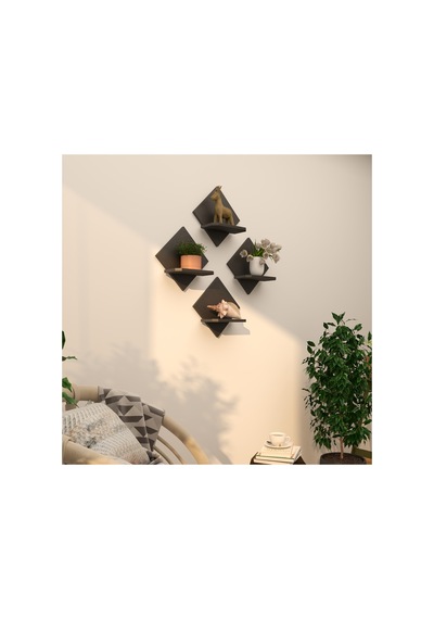 4'lü Raf Çiçeklik Seti 34x34 Cm Duvar Rafı Beyaz Ceviz Doğal Ahşap Siyah