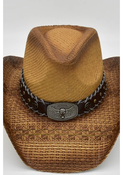 Deri Şeritli Boğa Figürlü Hasır Şapka Premium Classic Western Festival Beach Rave Hat - Standart Koyu Kahverengi