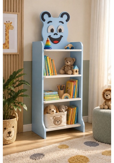 Sulorahome Mavi Figürlü 4 Raflı Çocuk Kitaplığı Ve Oyuncak Düzenleyici Bebek Mavisi