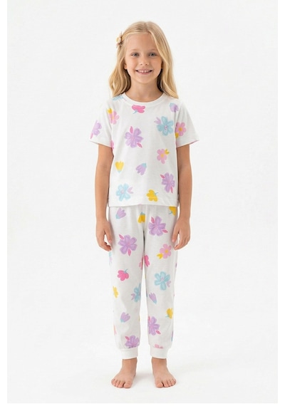 Zuzunga Pastel Renkli Çiçek Desenli Beyaz Kız Çocuk Pamuk Pijama Takımı