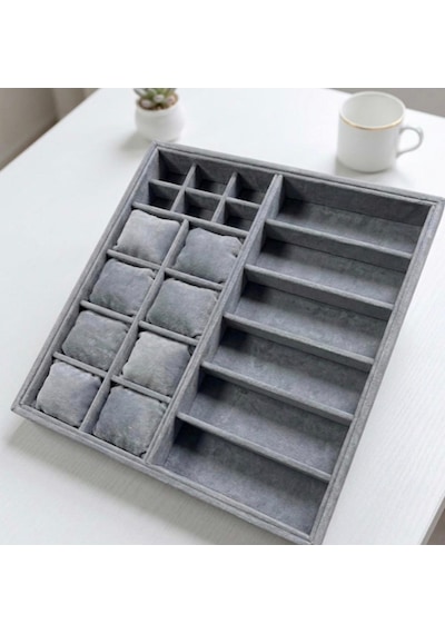 20 Bölmeli 8+6+6 Ahşap Üzeri Baby Face Kadife Kumaş Saa- Takı Ve Yüzük Standı - Organizeri Ebat 38x36x5 Gri