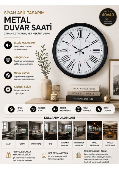 Siyah Asil Tasarım Roma Rakamlı 40 Cm Metal Duvar Saati