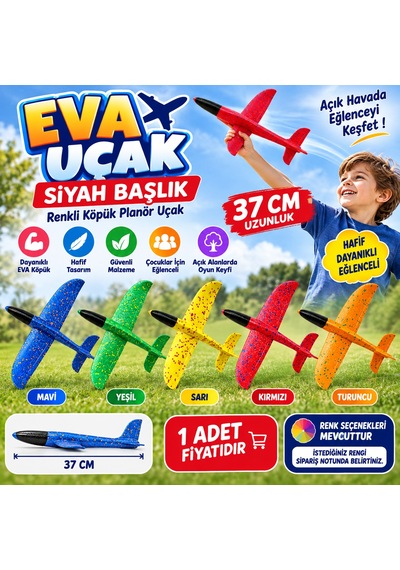 Eva Uçak Siyah Başlık 37 Cm Renkli Köpük Planör Uçak Oyuncak 1 Adet