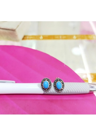 Oriental Kuyumculuk Jewellery Firuze Taşlı Markazit Gümüş Oval Küpe Mavi