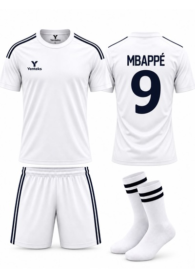 Yenteks Mbappe Yazılı Beyaz Renk Çocuk Forma Seti Çorap Hediyeli Açık Beyaz