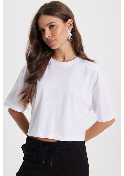 Tudors Kadın Slim Fit Dar Kesim %100 Pamuk Kısa Kollu Bisiklet Yaka Beyaz Crop Tişört-50467