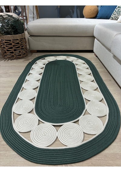 Mavaux Cookie Jüt Hasırlı El Örgüsü Kilim Krem - Yeşil