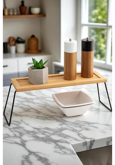 Telly Metal Ayaklı Bambu Tezgâh Üstü Düzenleyici Raf/sunumluk/organizer 36x12x15 Cm Genel