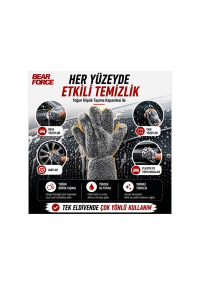 Robeve Bear Force Mikrofiber Polar Araç Yıkama Eldiveni 5 Parmaklı Çift Taraflı Oto Yıkama Eldiveni, Yüksek Su Emici Polar Mikrofiber Temizlik Eldiveni, Çiziksiz Ve Iz Bırakmayan Araç Bakım Eldiveni