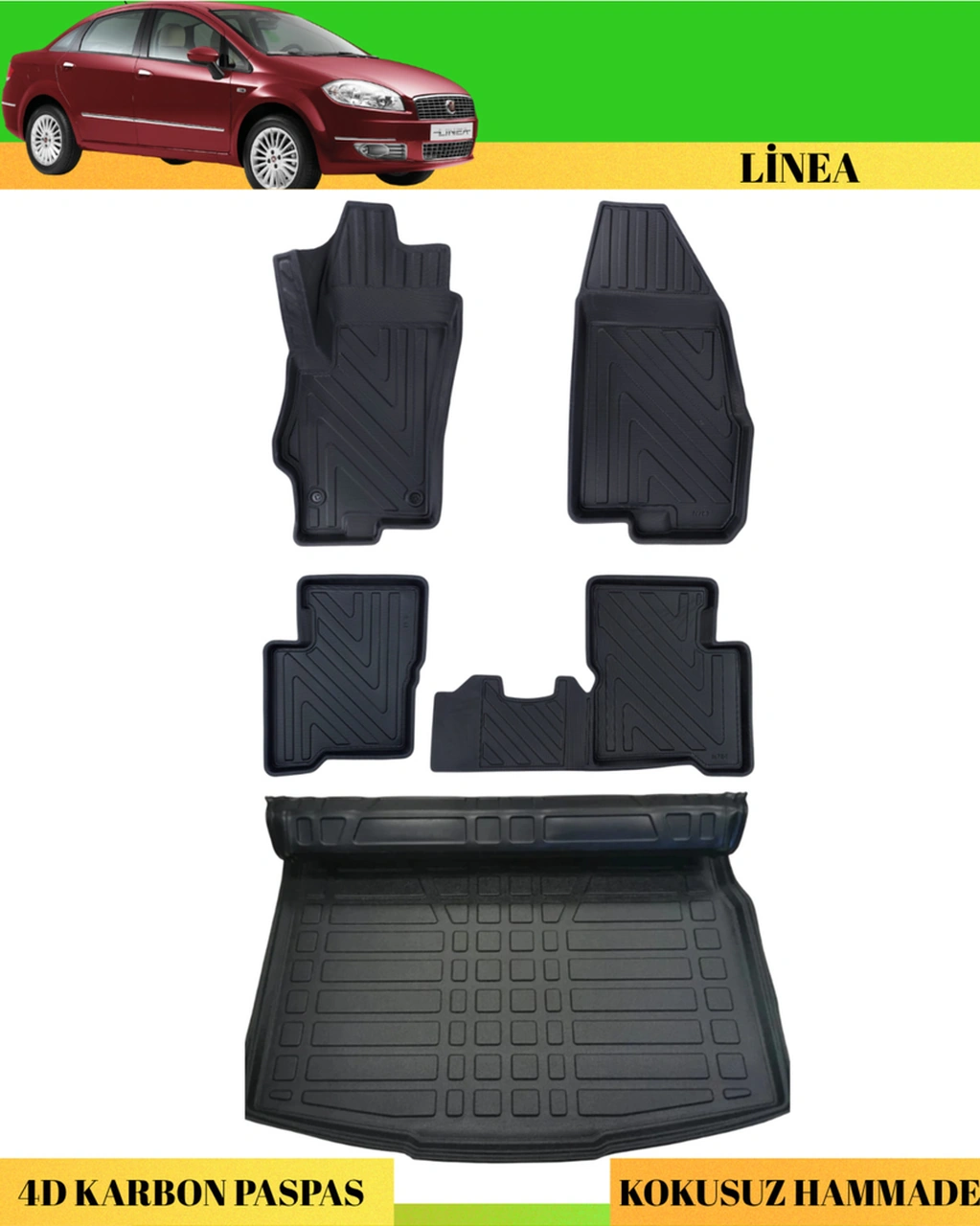 Fiat Linea 2007+ Araca Özel Üretim 4d Havuzlu Karbon Paspas Takımı + 3d Bagaj Havuzu