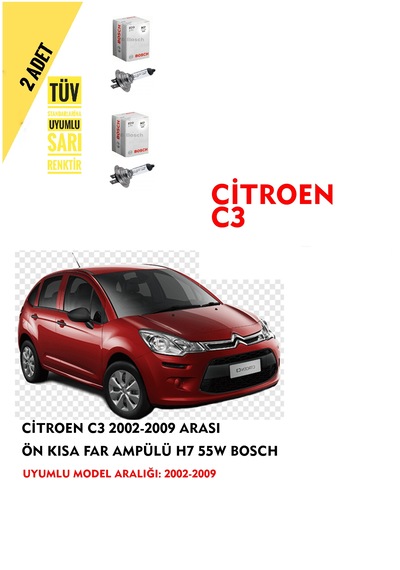 Citroen C3 2002-2009 Arası Ön Kısa Far Ampülü 2 Adet Sarı Renk