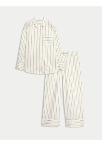 Marks & Spencer %100 Pamuk Saten Çizgili Pijama Takımı Krem Mix