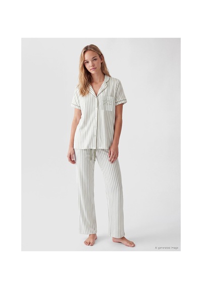 Lcw Dream Yeşil Gömlek Yaka Çizgili Kadın Pijama Takımı