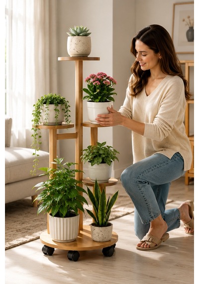 Ahşap 5 Katlı Tekerlekli Çiçeklik Saksılık Dekoratif Daire Model Bitki Rafı