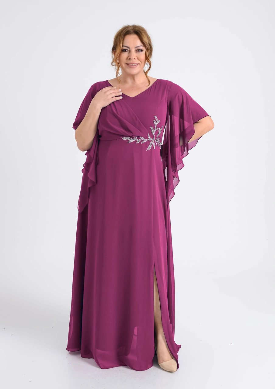 Lilas Xxl Büyük Beden Fuşya Renkli Yırtmaçlı Uzun Şifon Abiye Elbise Fuşya