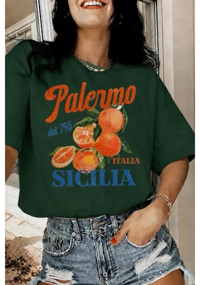Palermo Sicilya Portakal Temalı Bisiklet Yaka Pamuklu Oversize T-shirt Yesıl
