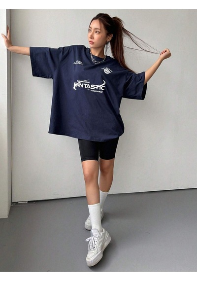 Fantastıc Süprem T-shirt - Lacivert Baskılı Oversize Bisiklet Yaka Tişört Lacivert-75049 Fantastıc Süprem T-shirt - Lacivert Baskılı Oversize Bisiklet Yaka Tişört Lacivert-75049