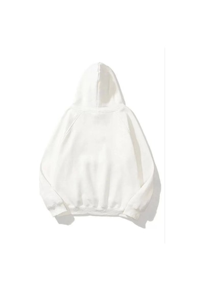 3 İplik Pamuklu Unisex Kapşonlu Sweetshirt - Beyaz